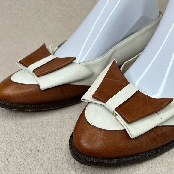 Vintage Bertie Leather Bow Flats Loafers-Cream/Brown-Women’s 7-Vtg-Retro-Classic - Picture 5 of 13